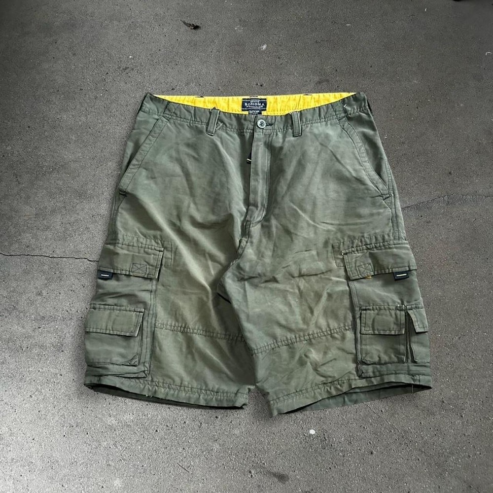 Y2K men's olive green baggy long utility cargo shorts Size 34